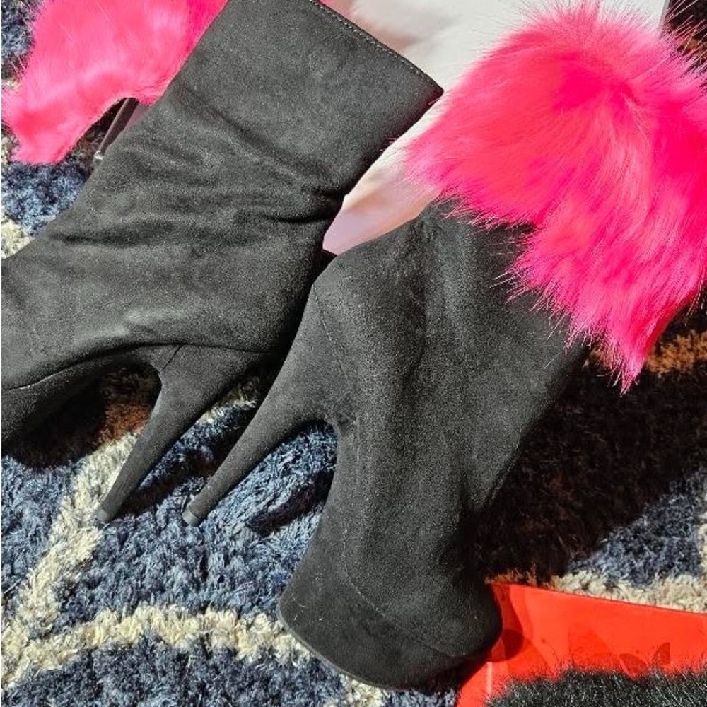 Pleaser Black and Pink Heeled Boots